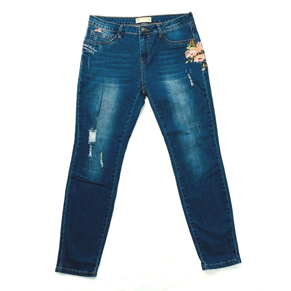 Angel Kiss Embroidered Destroyed Jeans Stretch‎ Mid Rise Faded Dark Wash 11 NWOT